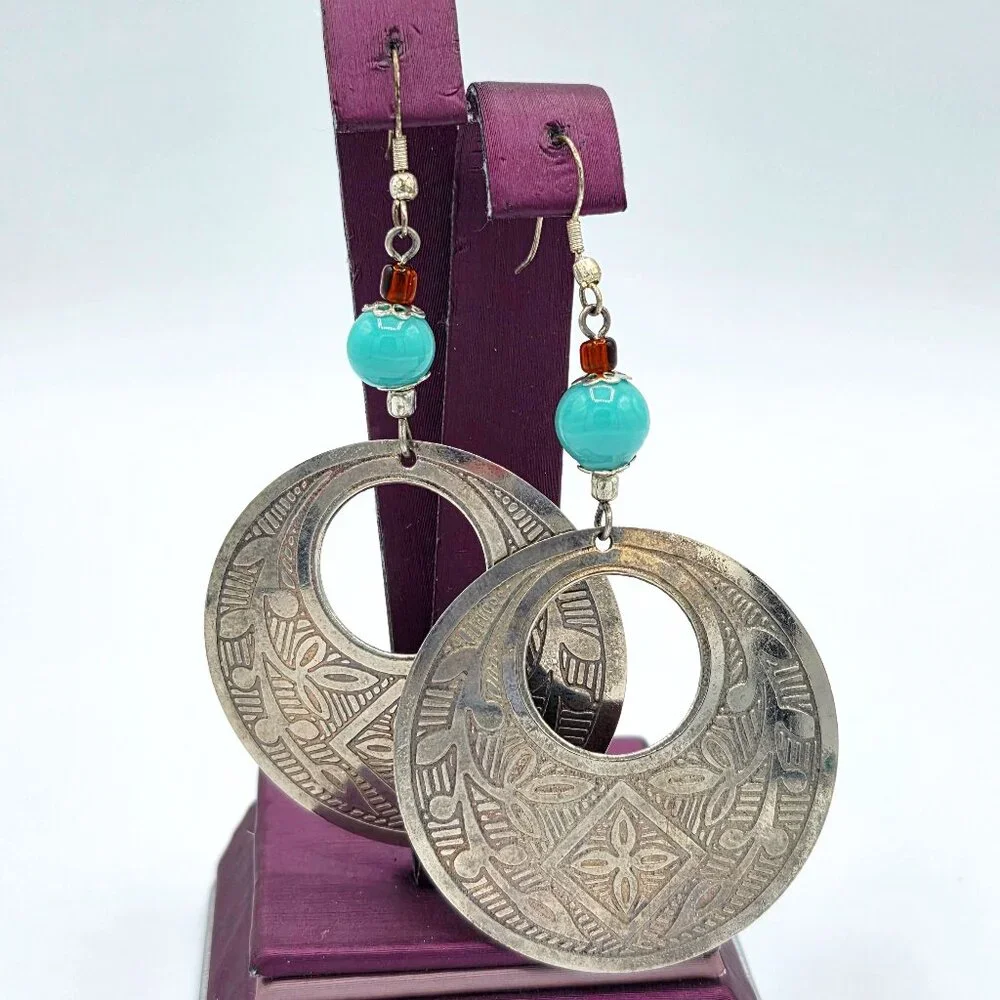 Vintage Southwest SW Western Silver Large Drop Dangle Beaded Pierced Earrings